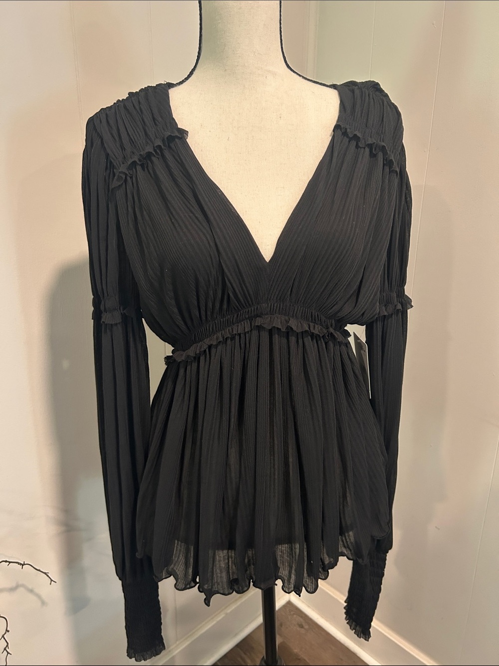 Free People Black V-Neck Smocked Waist Peasant Blouse